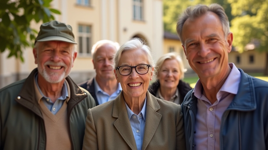 Grupas foto: vairāki seniori un tūres vadītājs smaidošu seju ar senu baznīcu aizmugurē