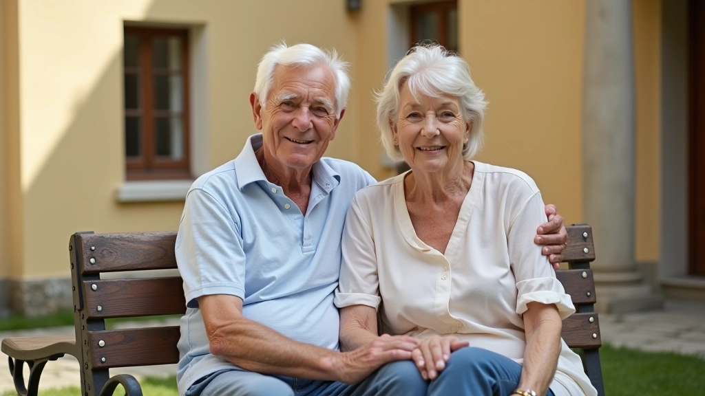 Senioru pāris sēž uz soliņa vēstura muzeja pagalmā, liels stikla ēka aizmugurē