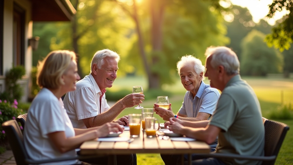 Maza senioru grupa sēž un smīnī kopā uz terases, skaisti vakarējie apstākļi