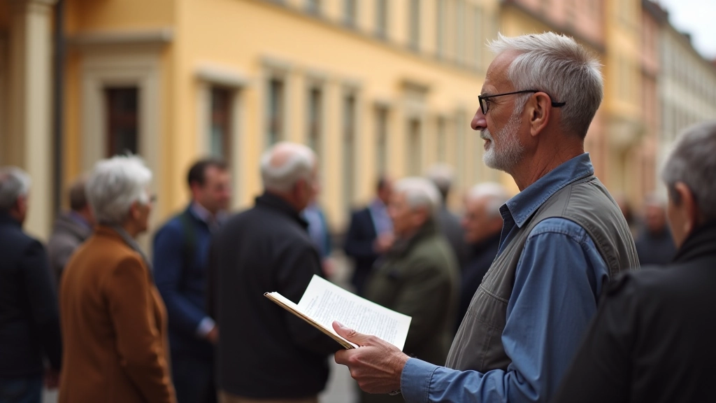 Vīrs ar vēstures grāmatu rokās stāv pie senas Rīgas ēkas, rādot to citiem grupas dalībniekiem